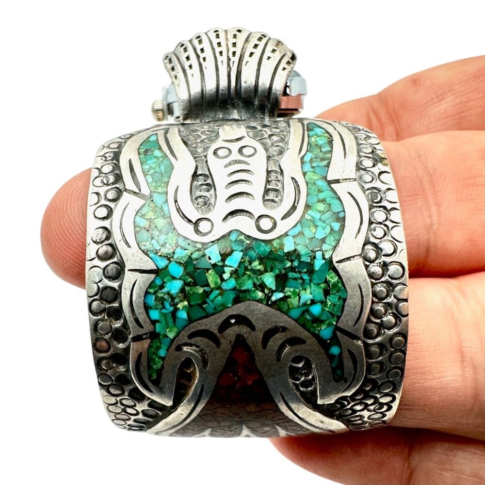 Vintage Native American Peyote Bird Turquoise Coral Bracelet Sterling Silver